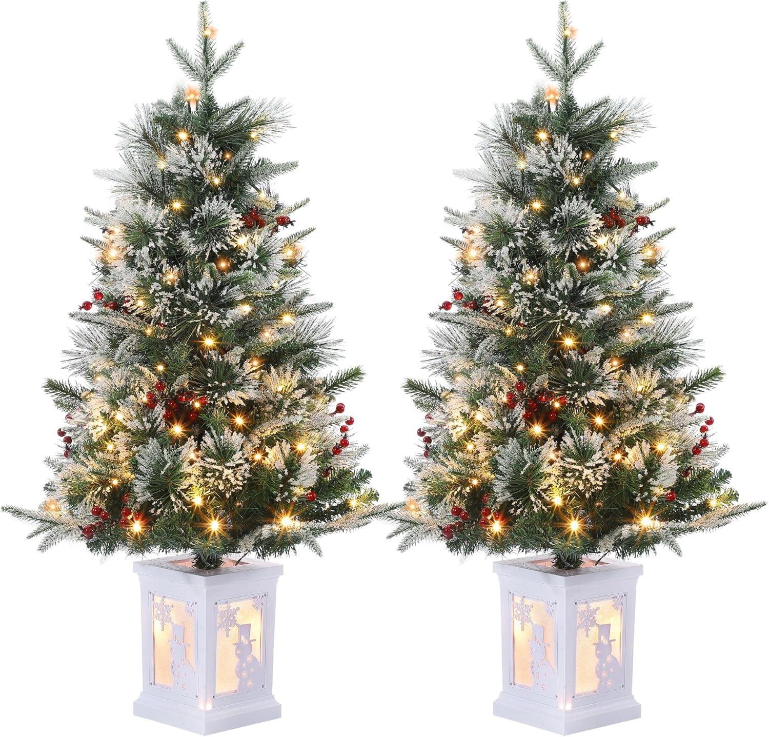Accreate Pre-Lit 3FT Fiber Optic Christmas Tree with 78 LED Lights and Snowman Light Box – Set of 2