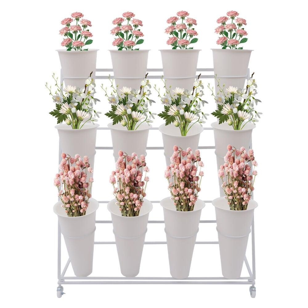 White 3-Tier Iron Plant Stand with 12 Plastic Buckets