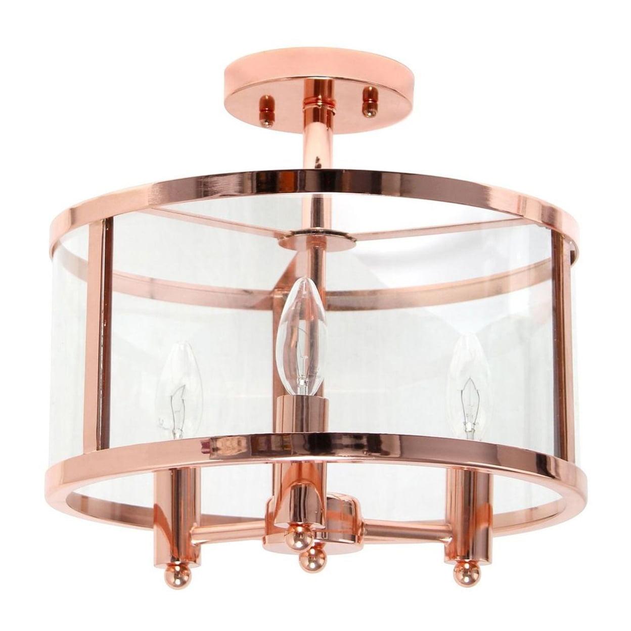 Rose Gold 3-Light 13" Glass & Iron Industrial Farmhouse Semi-Flushmount