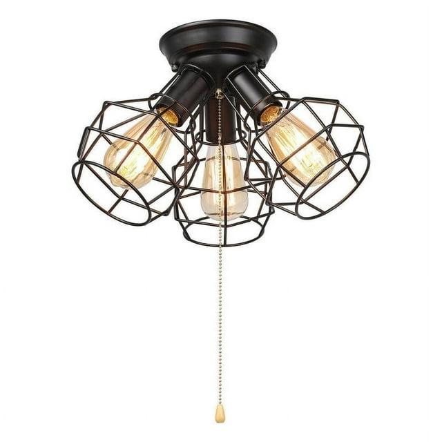 Industrial Flush Mount Ceiling Light, 15" Black 3-Light Fixture with Cage Shade & Pull Chain