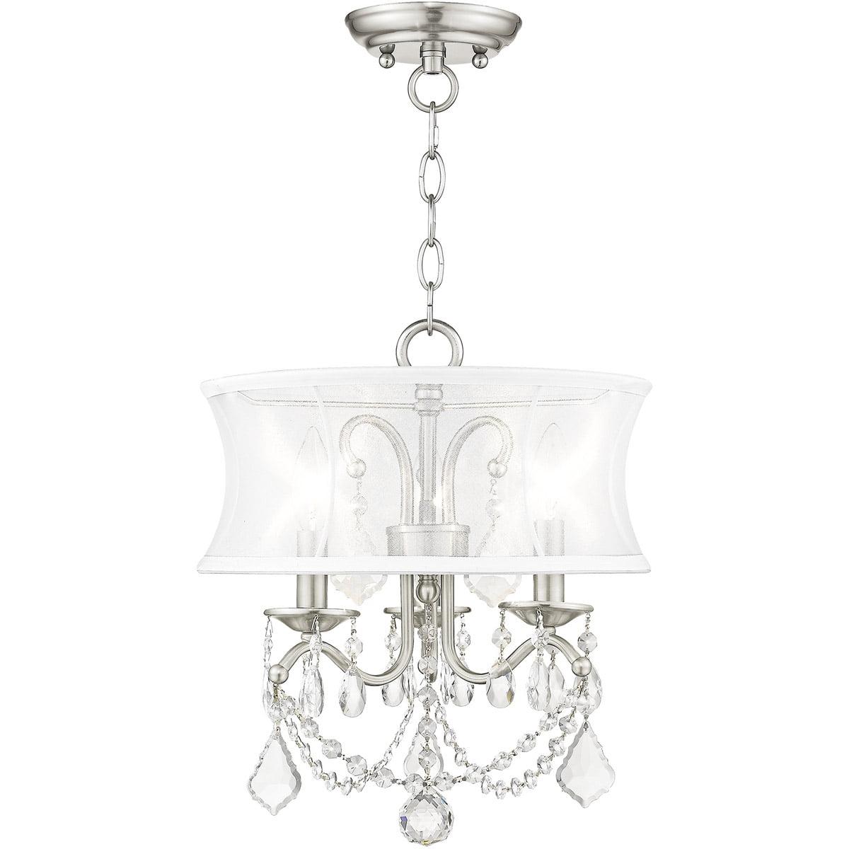 3 Light Brushed Nickel Mini Chandelier/Ceiling Light fixture with Off White Silk Shimmer Shade