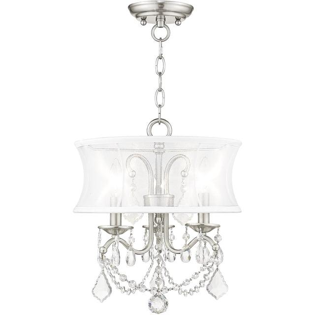 3 Light Brushed Nickel Mini Chandelier/Ceiling Light fixture with Off White Silk Shimmer Shade
