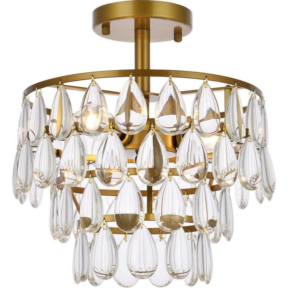 Brass and Crystal 12'' Flush Mount Light with Clear Teardrop Crystals