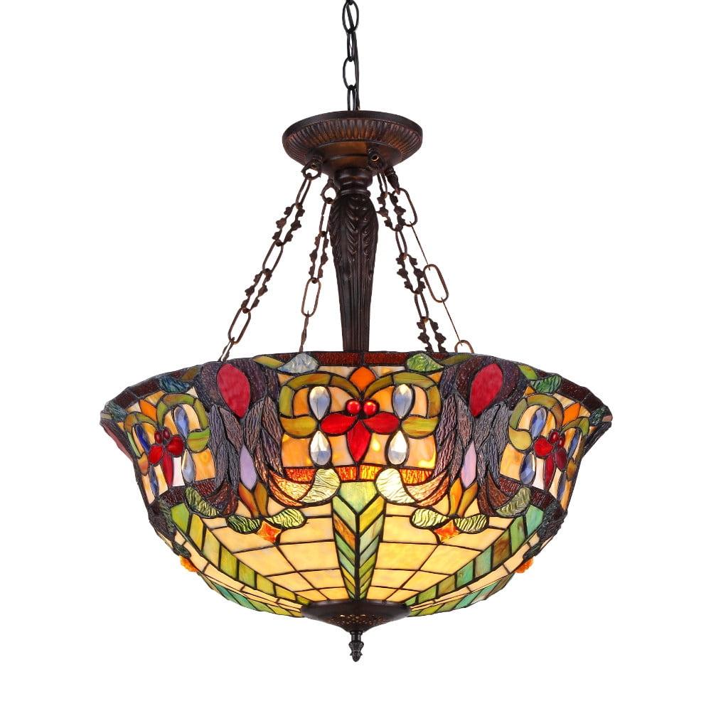 Antique Bronze Victorian Inverted Ceiling Pendant with Stained Glass Shade