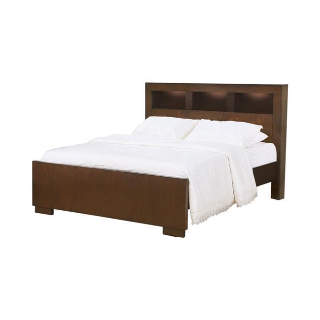 Cappuccino Brown King Bed with Lighted Upholstered Headboard and Storage