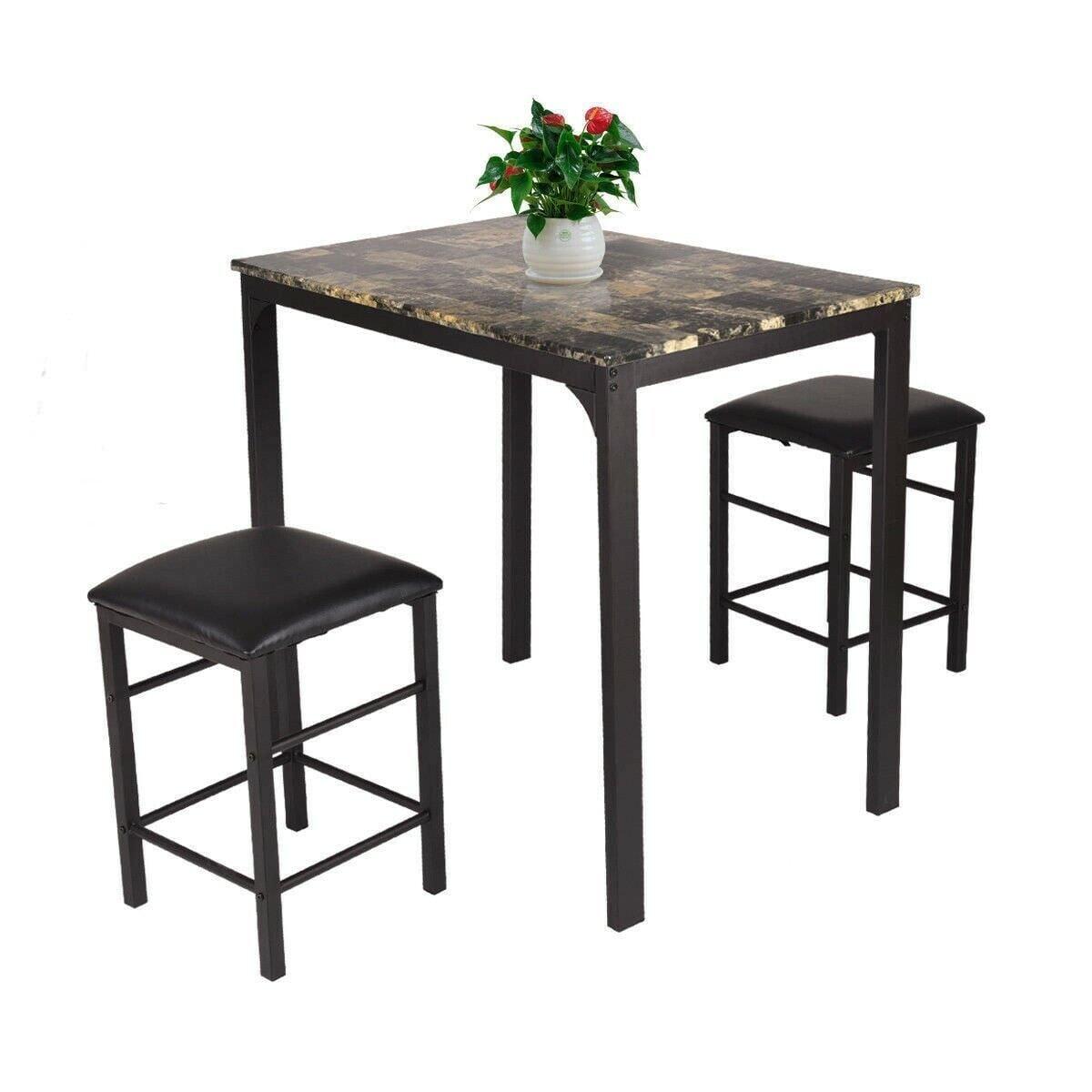 Costway 3-Piece Dark Faux Marble Pub Table Set with Black Chairs