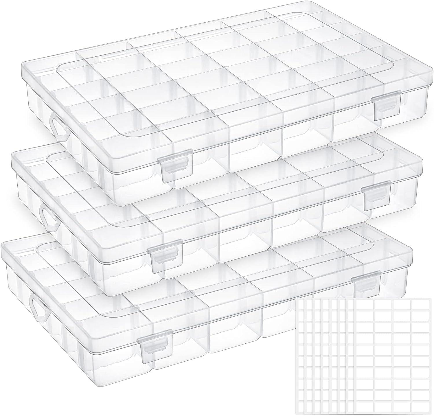 3 Pack 36 Grids Plastic Organizer Box Craft Storage with Adjustable Dividers, Bead Organizer Container Clear Storage Box for Fishing Tackles Crafts Jewelry Thread with 400pcs Label Stickers