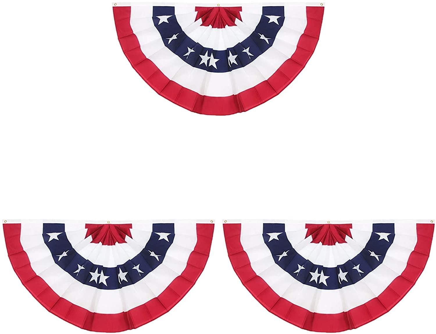 3-Pack American USA Patriotic Flag Bunting,3X1.5 Ft Pleated Fan Flag The United States Half Fan Banner for Indoor/Outdoor Decoration