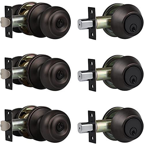 3 Pack Oil Rubbed Bronze Entry Door Knob and Deadbolt Set