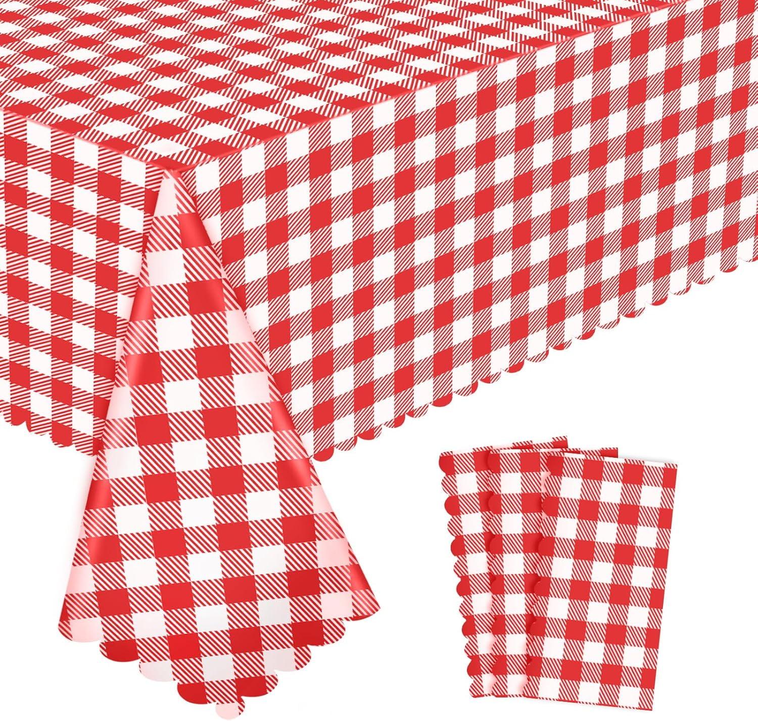 ARCOCO-3 Pack Red and White Checkered Tablecloth, 54 X 108Inch Plastic Red Gingham Table Cloth Disposable Spring Picnic Tablecloths Waterproof Red Checkered Table Cover for BBQ Picnic Barbecue Birthd