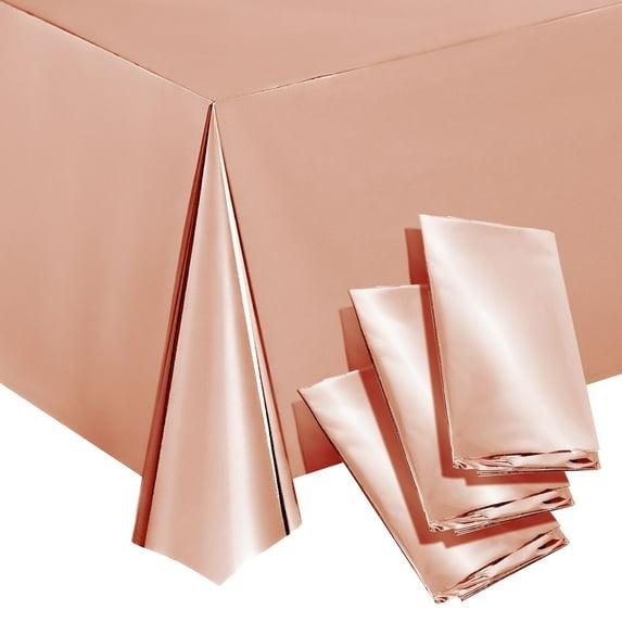 Sparkle and Bash 3 Pack Rose Gold Plastic Tablecloth, Metallic Table Cover Disposable for Pink Birthday Parties, Bridal Shower Decor, 54 x 108 In