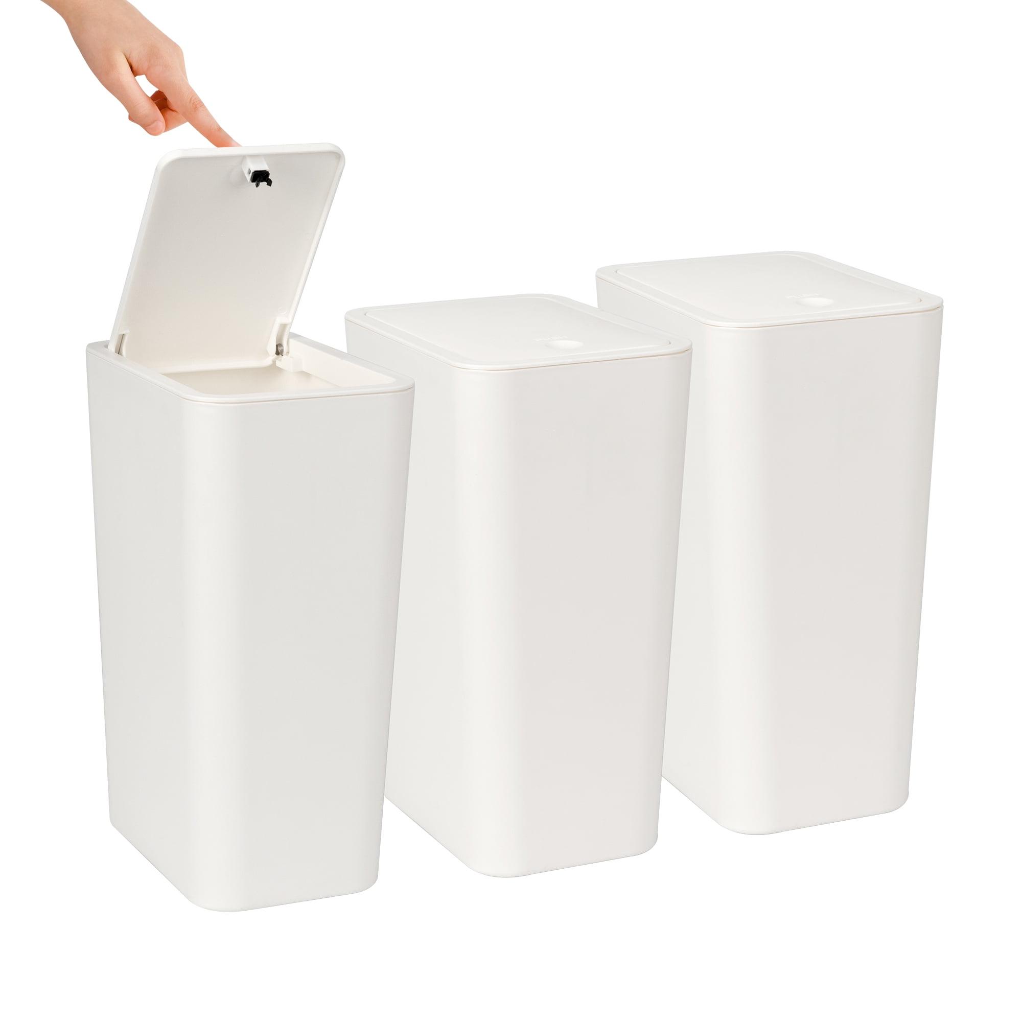 Slim White Plastic 2.6 Gallon Rectangular Trash Can with Press Top Lid, Set of 3