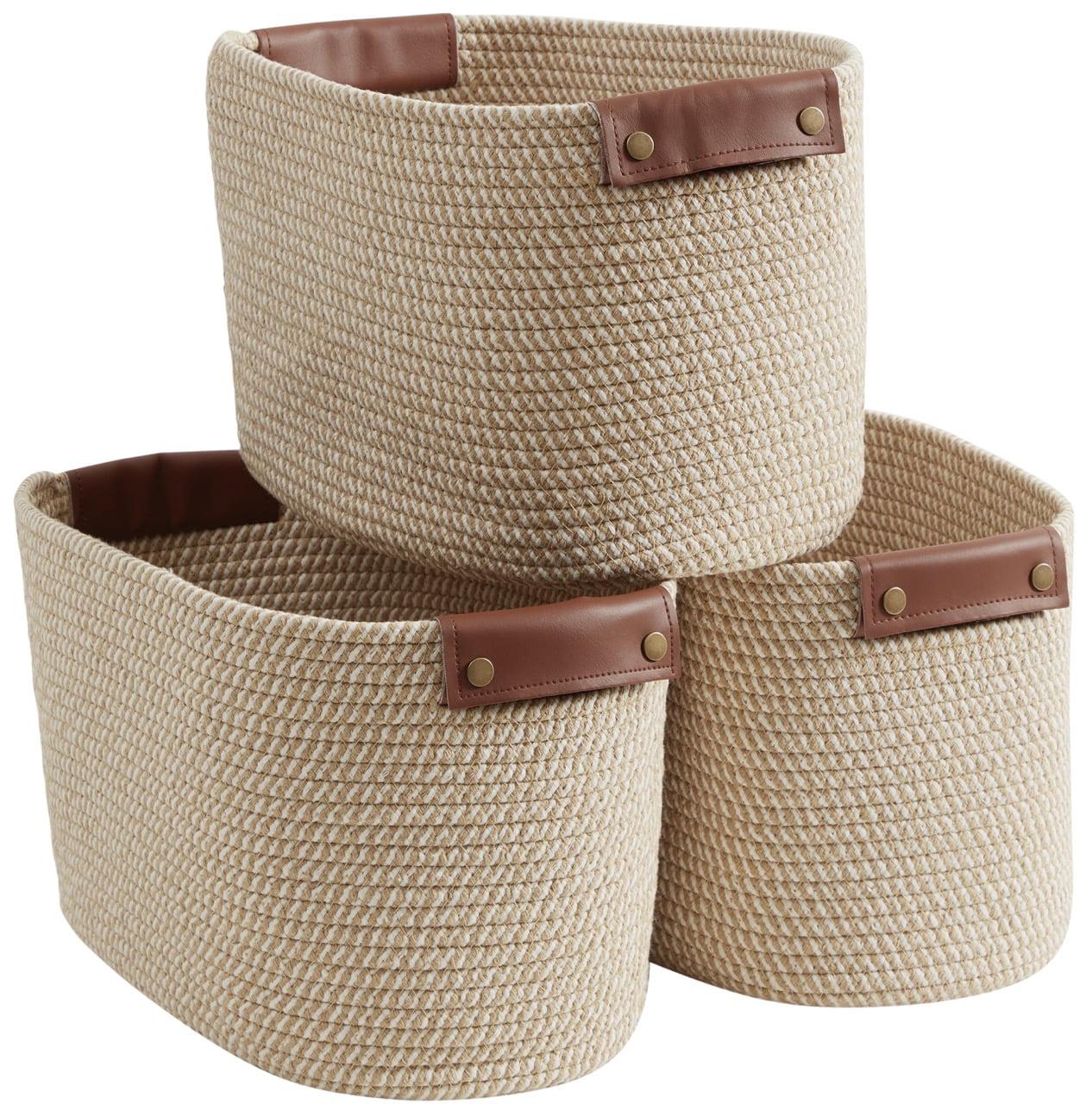 Ornavo Home 3 Pack Cotton Rope Shelf Storage Basket with Faux Leather Handles - Multi Brown