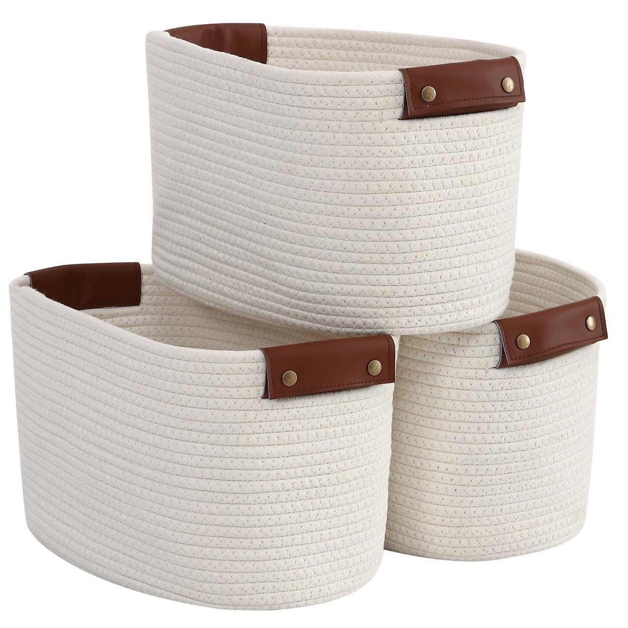 Cream Cotton Woven Round Storage Basket with Leather Handles
