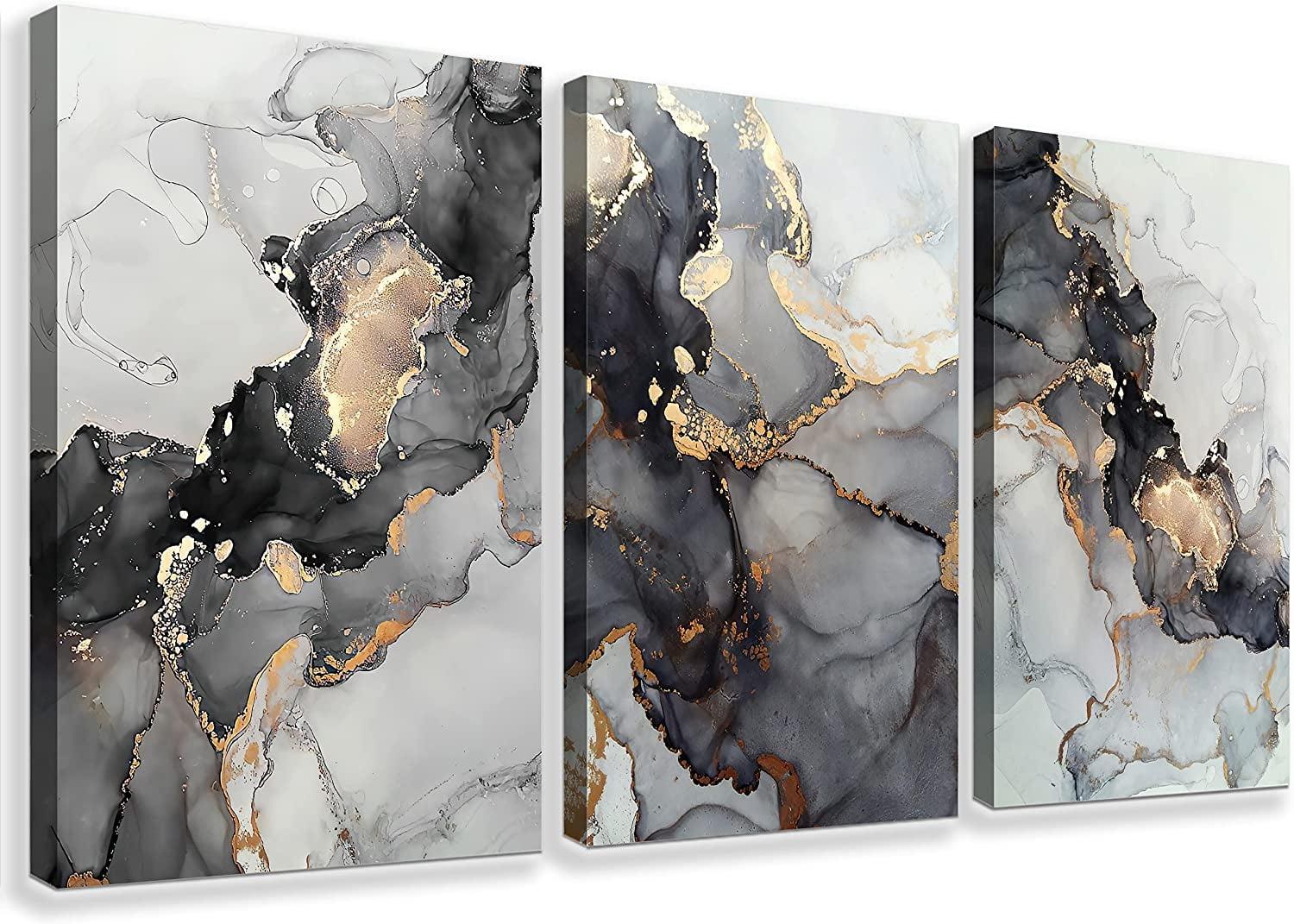 3Pcs Abstract Marble Wall Art Black and Gold Bathroom Decor Nordic Watercolor Gray White Fluid Ink Lines Canvas Picture Contemporary Painting Artwork for Living Room Bedroom Office Home Decor