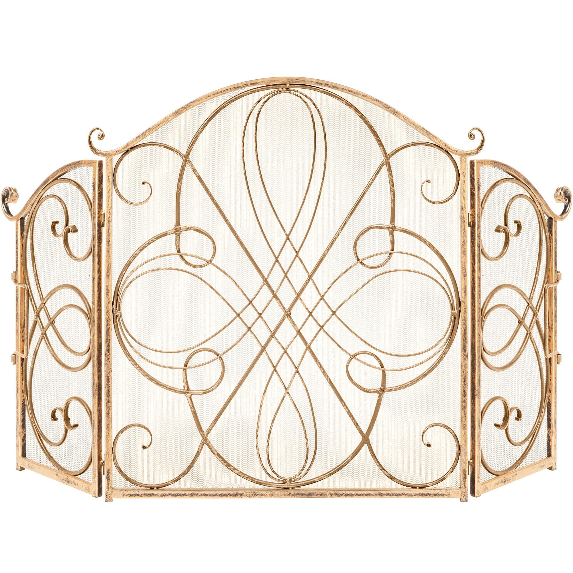 Winston Porter Lissowski 3-Panel 55"x33" Wrought Iron Fireplace Safety Screen Decorative Scroll Spark Guard Cover