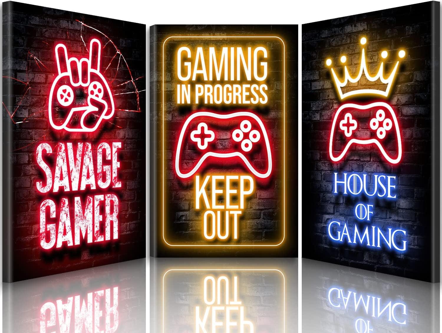 3 Pcs Framed Neon Gamer Symbol Canvas Wall Art Paintings Gaming Wall Decor Prints Pictures Posters Artwork for Kids Teenage Boys Game Room Playroom Bedroom Decoration Ready to hang Gifts for Gamers