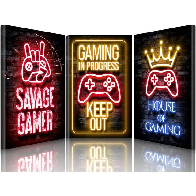 3 Pcs Framed Neon Gamer Symbol Canvas Wall Art Paintings Gaming Wall Decor Prints Pictures Posters Artwork for Kids Teenage Boys Game Room Playroom Bedroom Decoration Ready to hang Gifts for Gamers