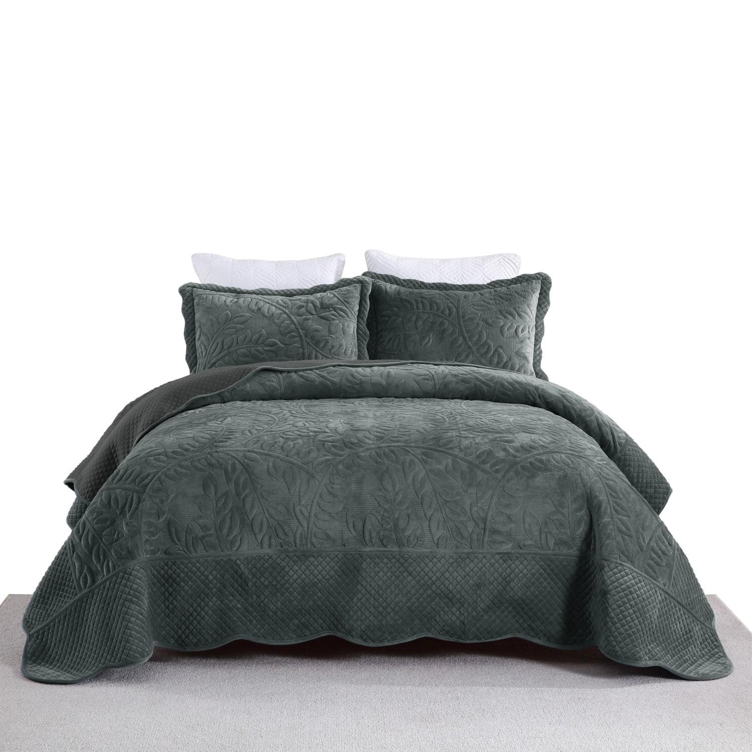 Dark Grey Queen Velvet Quilted 3-Piece Bedding Set