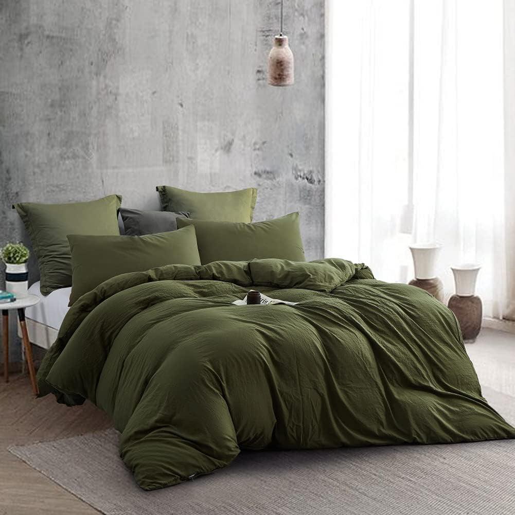 3 Piece 100% Washed Cotton Army Green Duvet Cover Set Luxury Soft and Breatheable Bedding Set with Zipper Closure,Queen Size