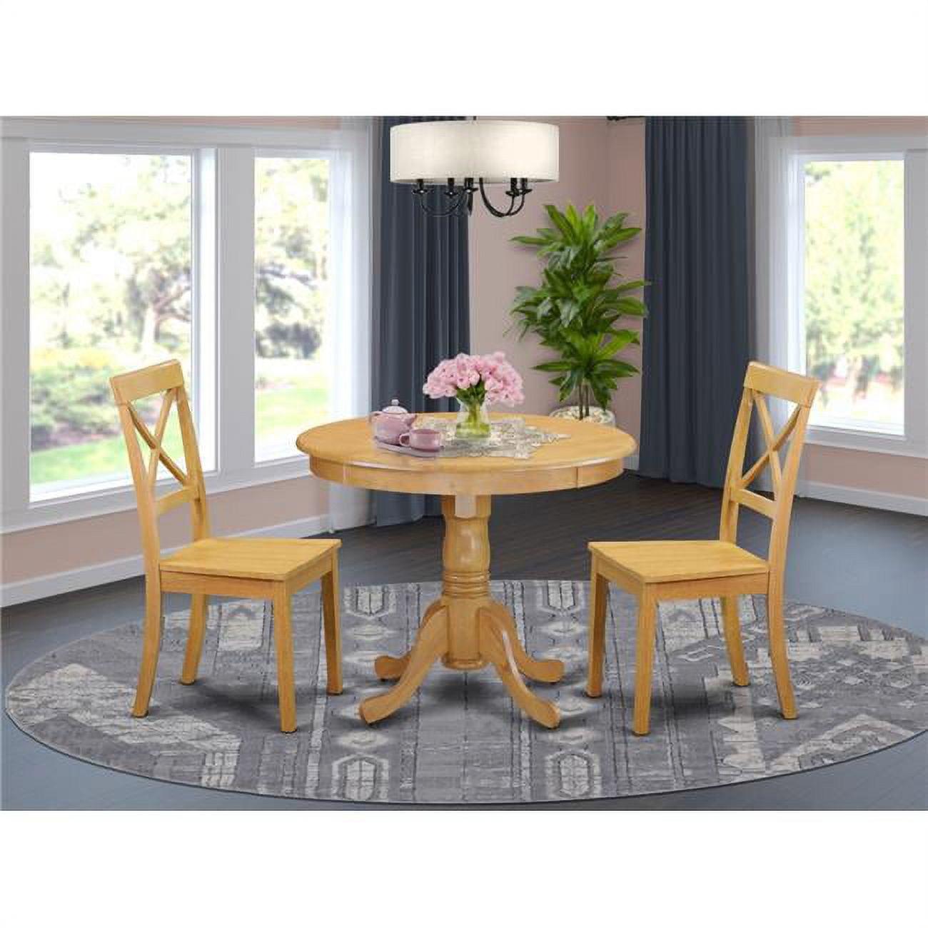 Oak 3-Piece Round Pedestal Dining Set with High Back Chairs