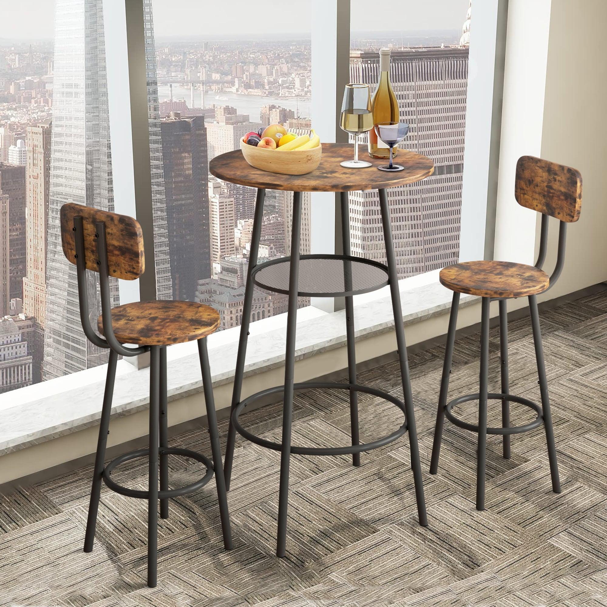 3-Piece Bar Table Set for 2, 2-Tier Round Bistro Dining Table Set Black&Brown