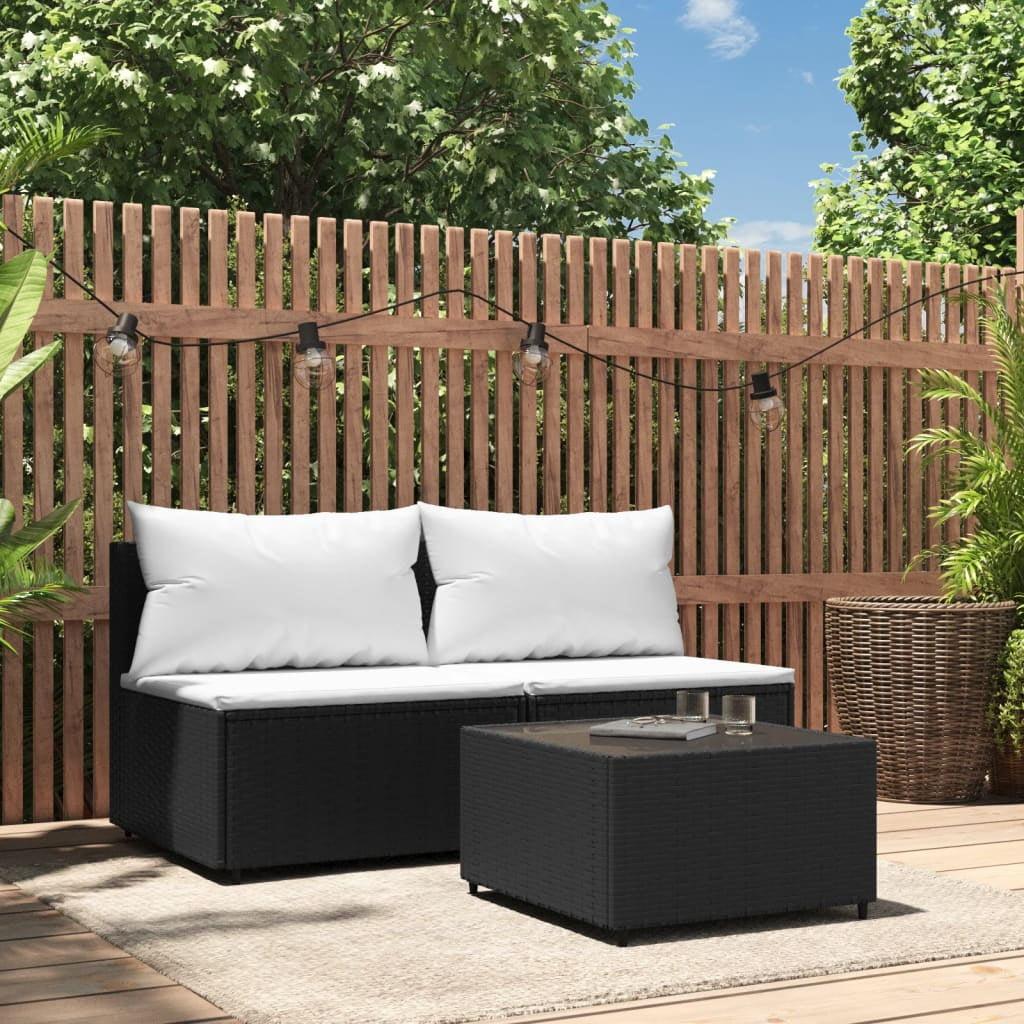 3 Piece Black Rattan Patio Lounge Set with White Cushions