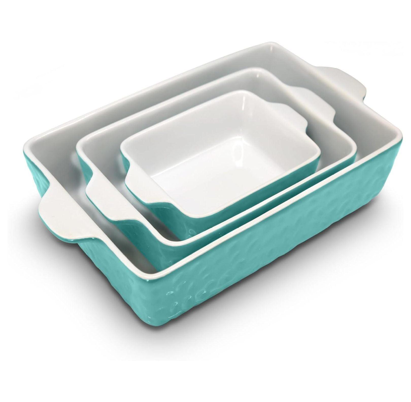 3-Piece Ceramic Casserole Dishes for Oven - Porcelain Bakeware Dishes w/Premium Non-Stick Coating & Built-In Handles - Dishwasher & Microwave Safe - 14.7"/10.8"/7.9" (Aqua)