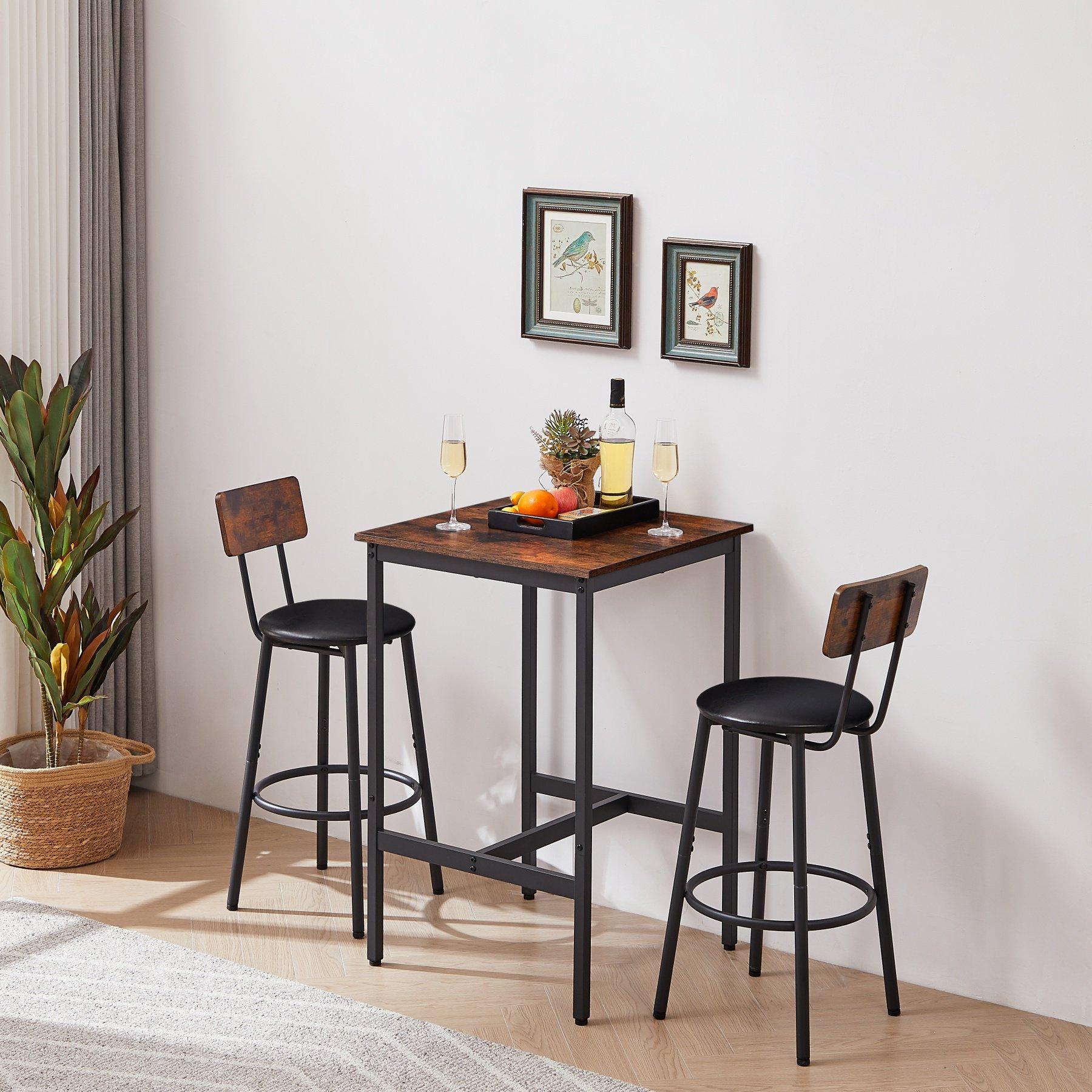 3 Pieces Bar Table Set, Counter High Pub Table Set with 2 Chairs, Wood Top Dining Table with 2 Backrest Stools, Saving Space Kitchen Table & Chair Set for Bistro Apartment, Brown