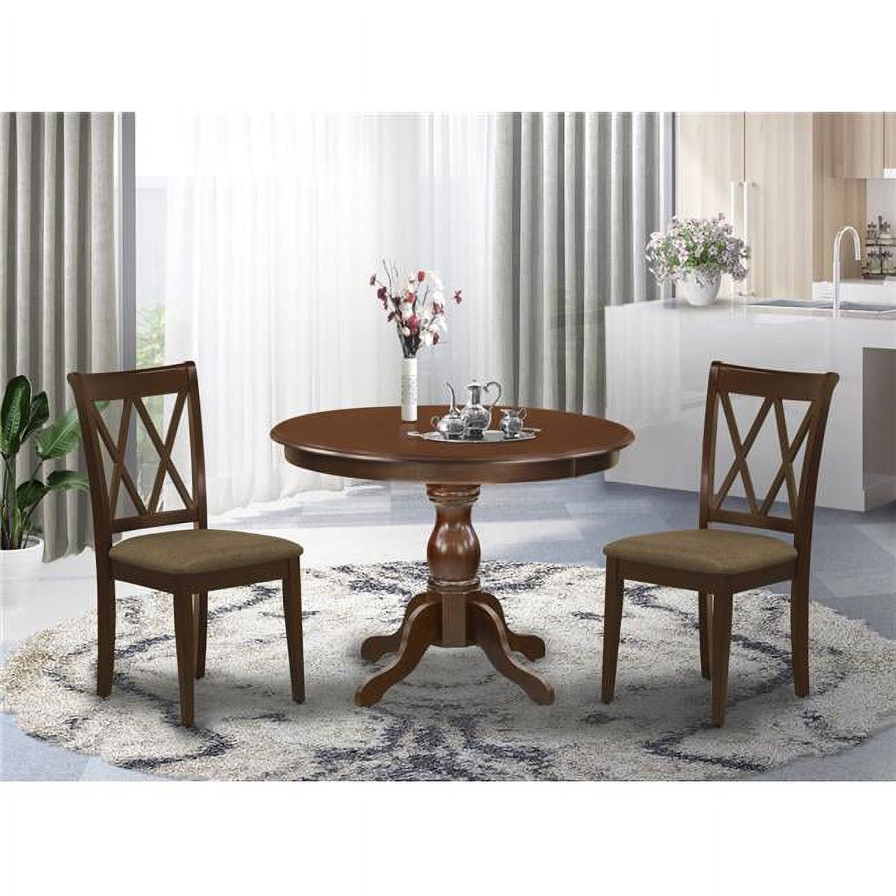 Mahogany Round Dining Table Set with Cream Linen Chairs