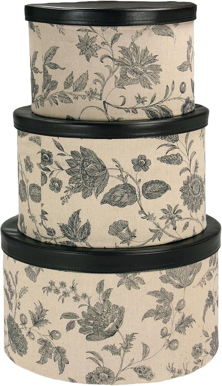 Round Hat Boxes with Lids, Detailed Floral Print with Faux Leather Lids, Large, Medium and Small, Black and Tan