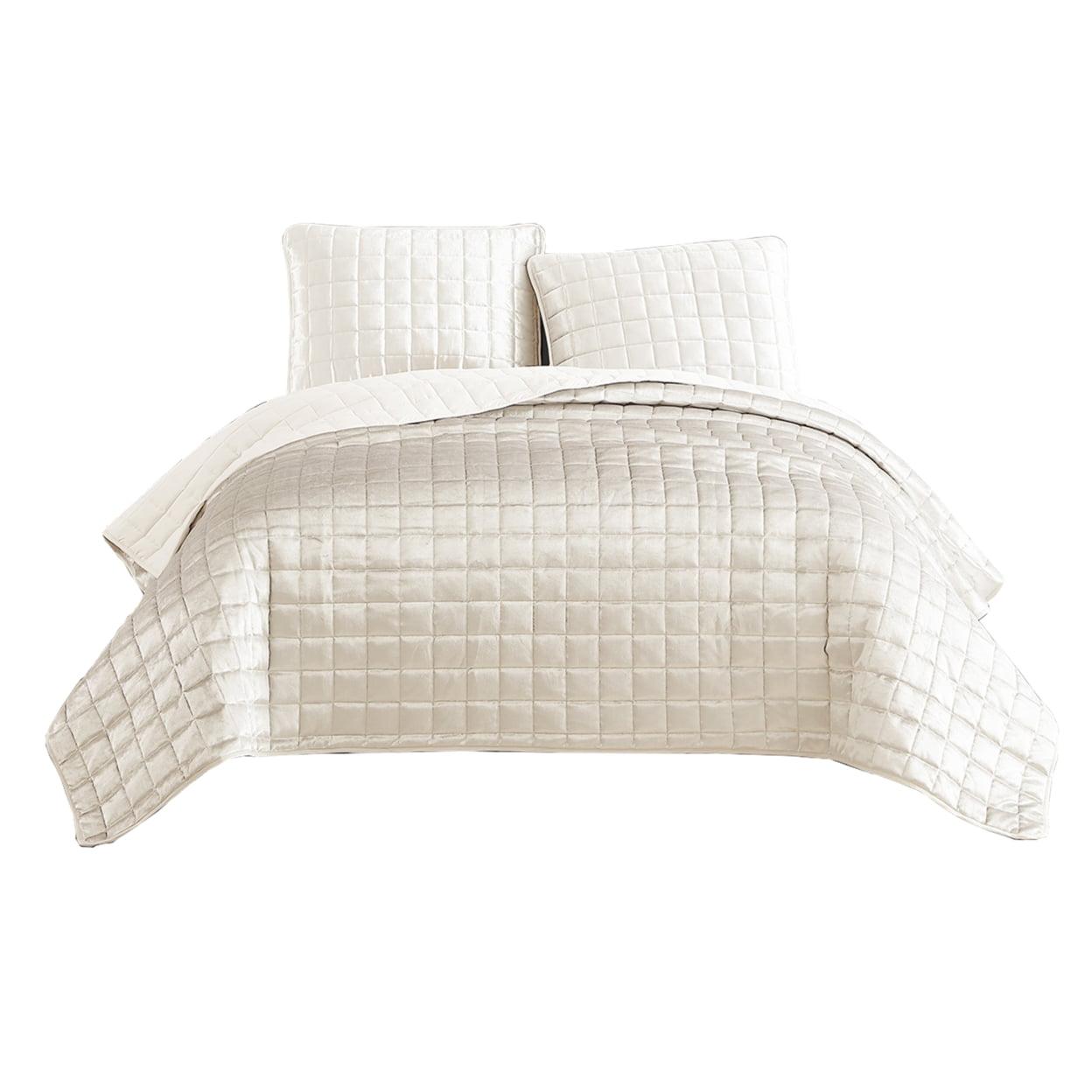 3 Piece King Size Coverlet Set with Stitched Square Pattern, Cream- Saltoro Sherpi