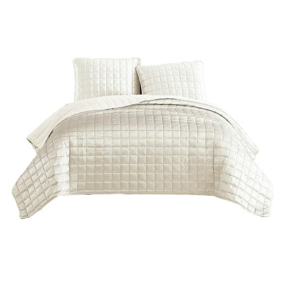 3 Piece King Size Coverlet Set with Stitched Square Pattern, Cream- Saltoro Sherpi
