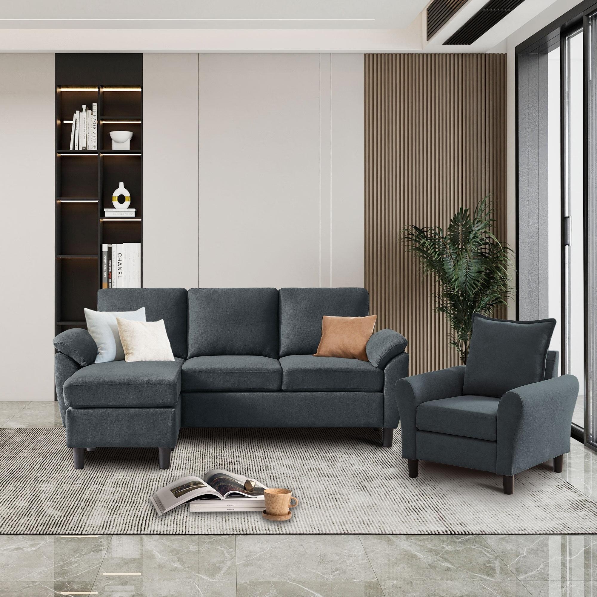 Dark Gray 3-Piece Convertible Sectional Sofa Set with Chair and Ottoman