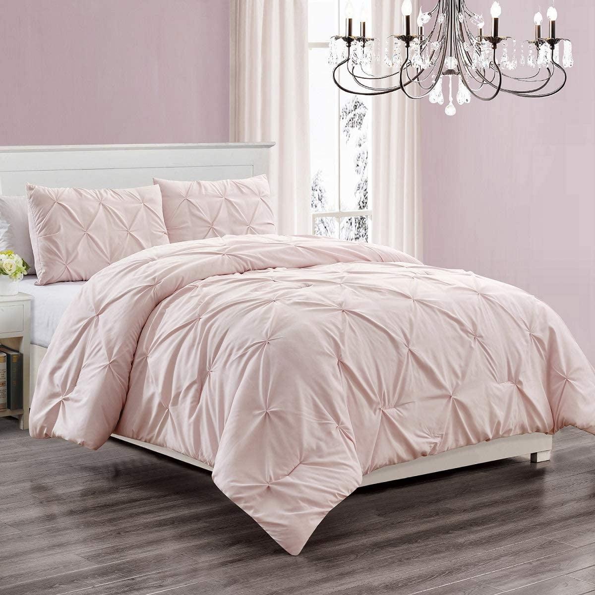 Juego de Edredón de Microfibra de 3 Piezas, Ropa de Cama Alternativa con Pliegues, Decoración de Dormitorio para Niñas de Color Rosa Rubor, Tamaño QUEEN para Todas las Estaciones, JN1
