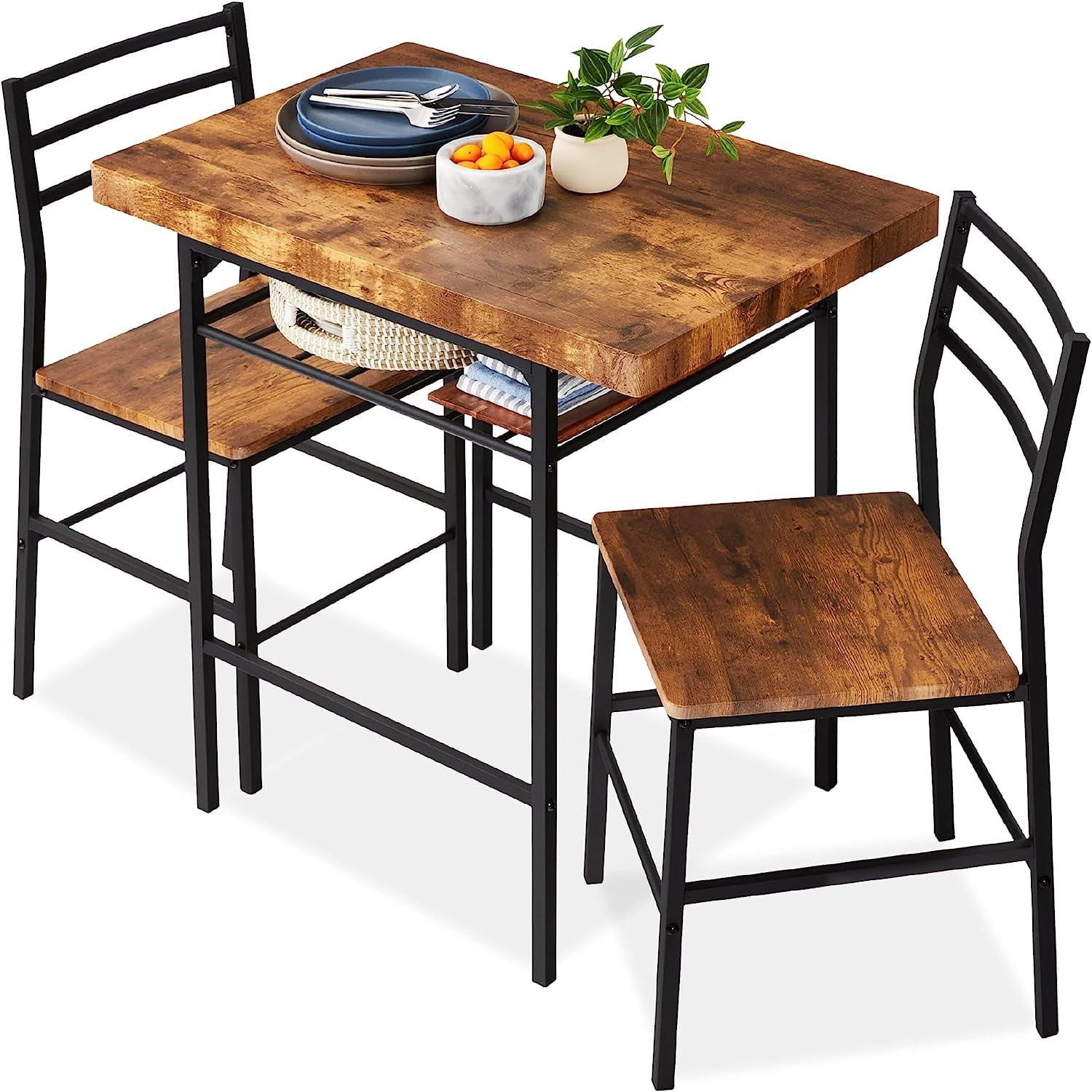 Brown Wood and Steel 3-Piece Dining Set with Storage Rack