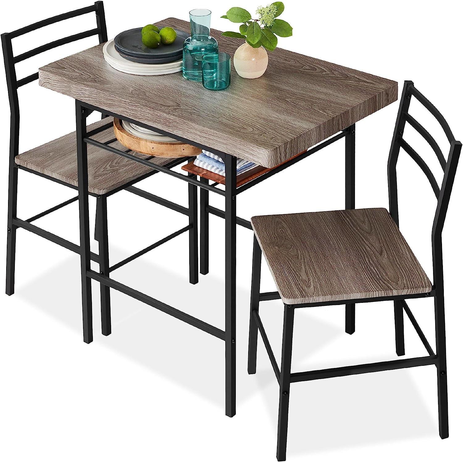 Gray 3-Piece Dining Set with Steel Frame and Storage Rack