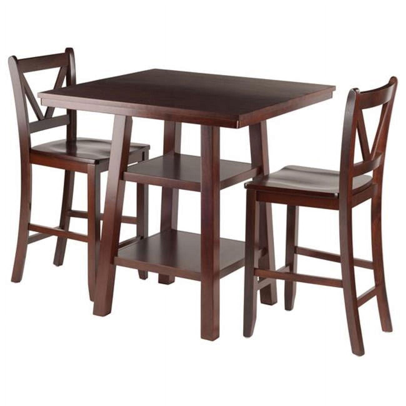 Transitional 33" Square Walnut Pub Table Set with Storage & 2 V-Back Chairs