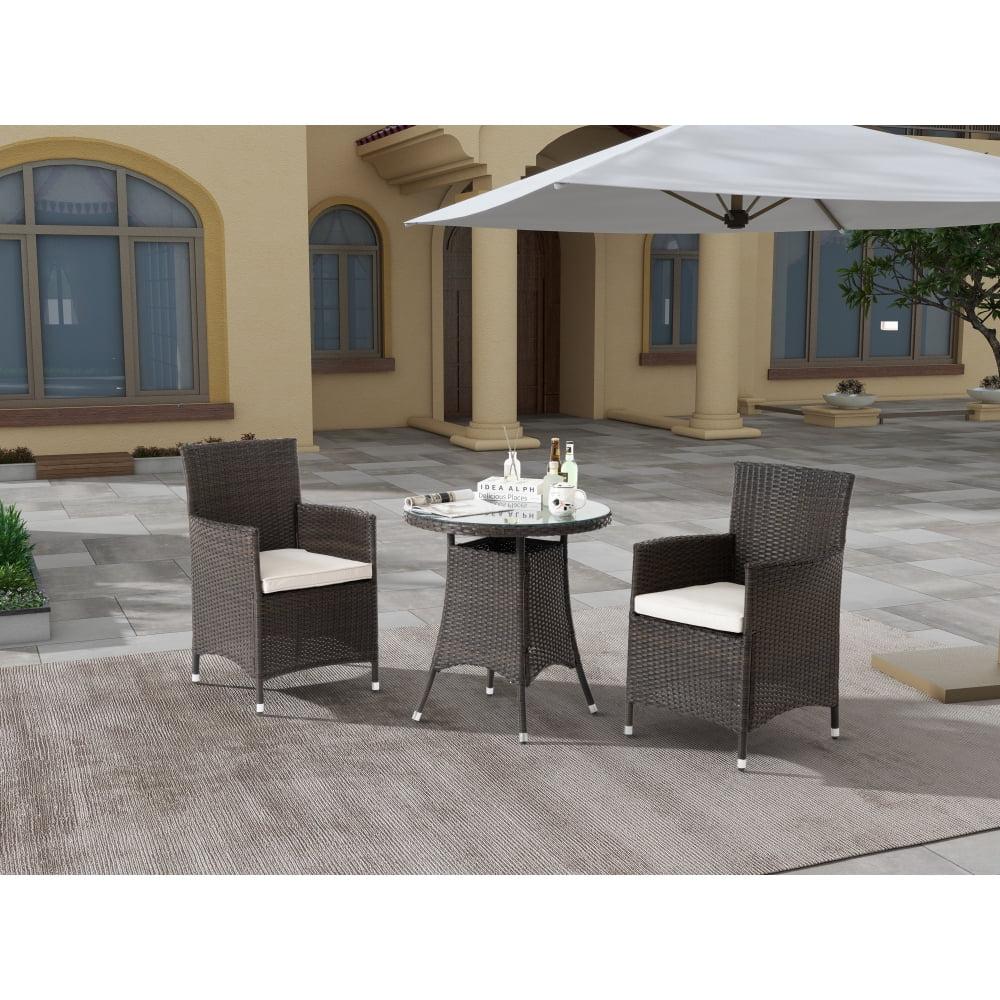 3 Piece Outdoor Dining Set, All-Weather Wicker Patio Dining Table and Chairs with Cushions and Round Tempered Glass Tabletop, Conversation Set for Patio Backyard Porch Garden Poolside, Brown