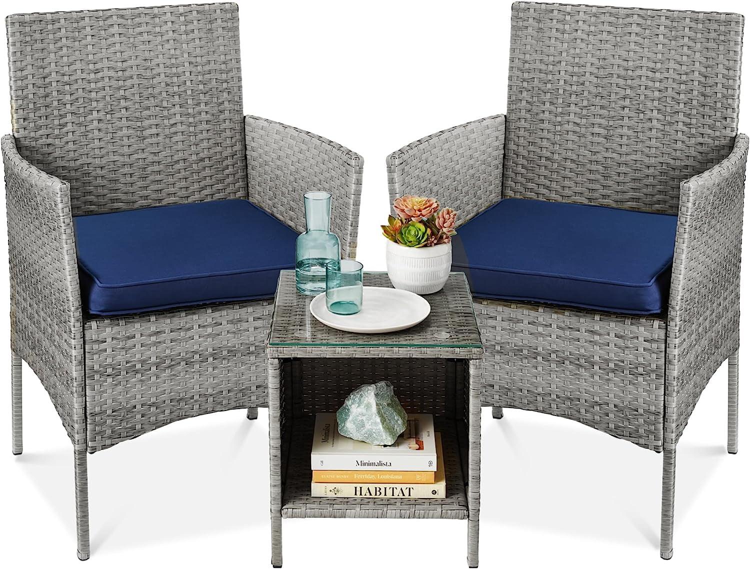 Gray Wicker 3-Piece Patio Bistro Set with Navy Cushions