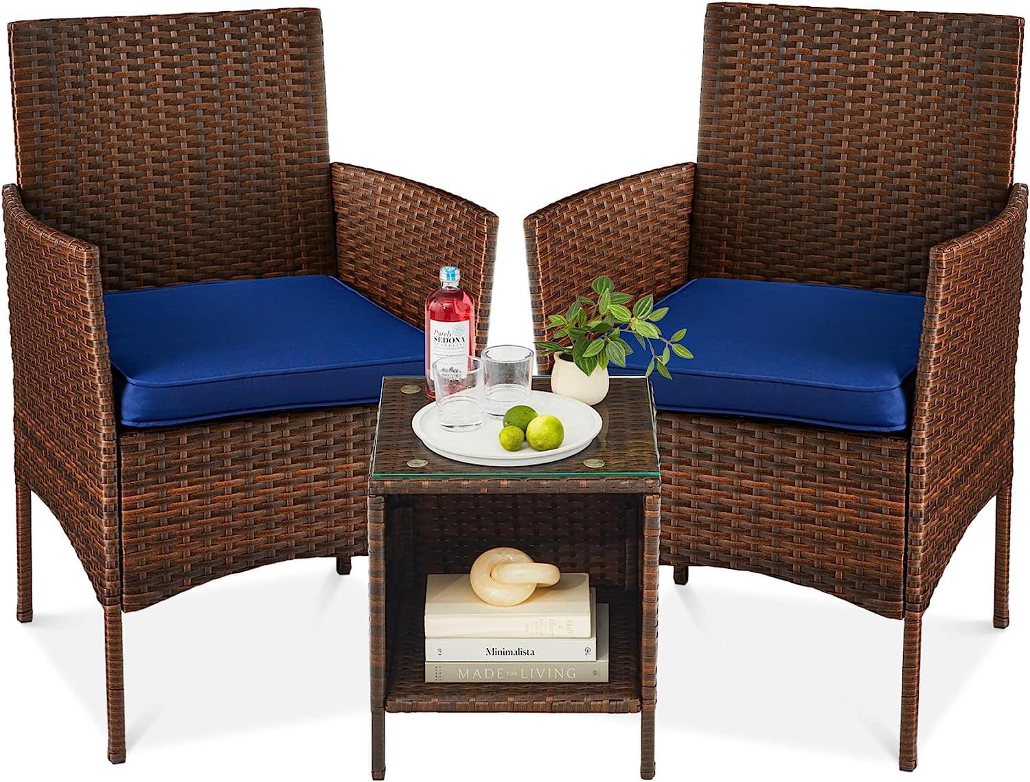 Nasrul 3-Piece Outdoor Wicker Conversation Patio Bistro Set, w/ 2 Chairs, Table