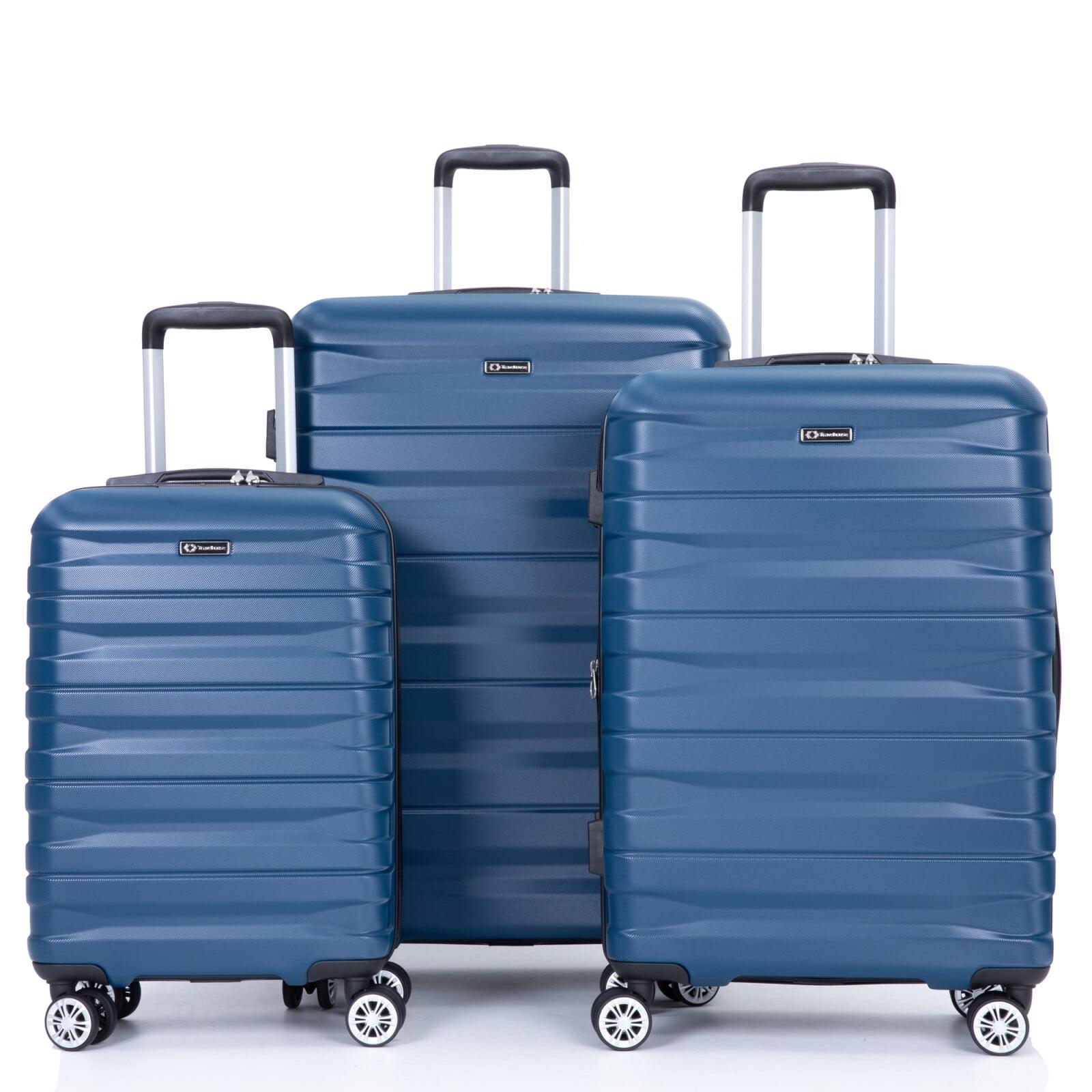 3 Piece PC Luggage Sets (21"25"29"), Durable Lightweight Suitcase with 360° Double Spinner Wheels, TSA Lock, 25"29"- Expands 20% Spaces&Two Hooks, Dark Blue