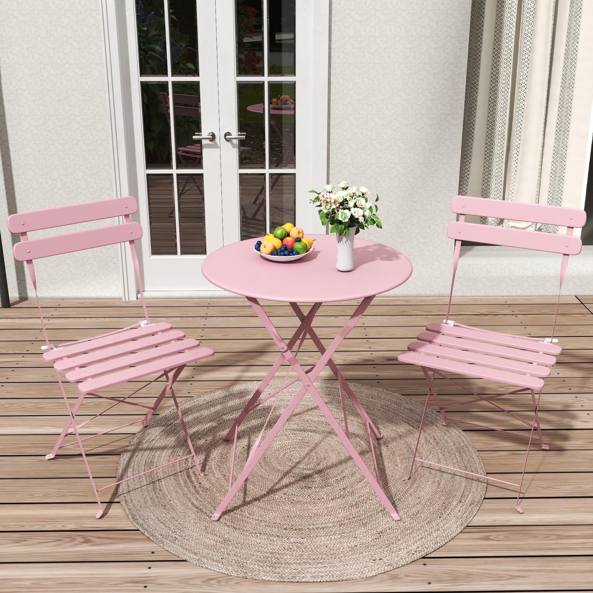 3-Piece Patio Bistro Set Outdoor Furniture Set Folding Bistro Table and Chairs with Premium Steel Frame Weather Resistant Conversation Set for Bistro Balcony Porch Yard Garden(pink with cushion)