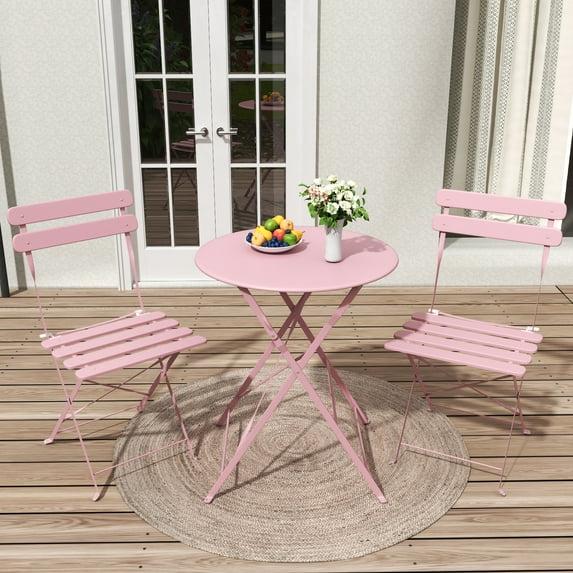 3-Piece Patio Bistro Set Outdoor Furniture Set Folding Bistro Table and Chairs with Premium Steel Frame Weather Resistant Conversation Set for Bistro Balcony Porch Yard Garden(pink with cushion)