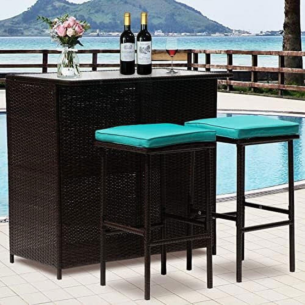 3-Piece Blue Cushion Wicker Outdoor Bar Set with Glass Top