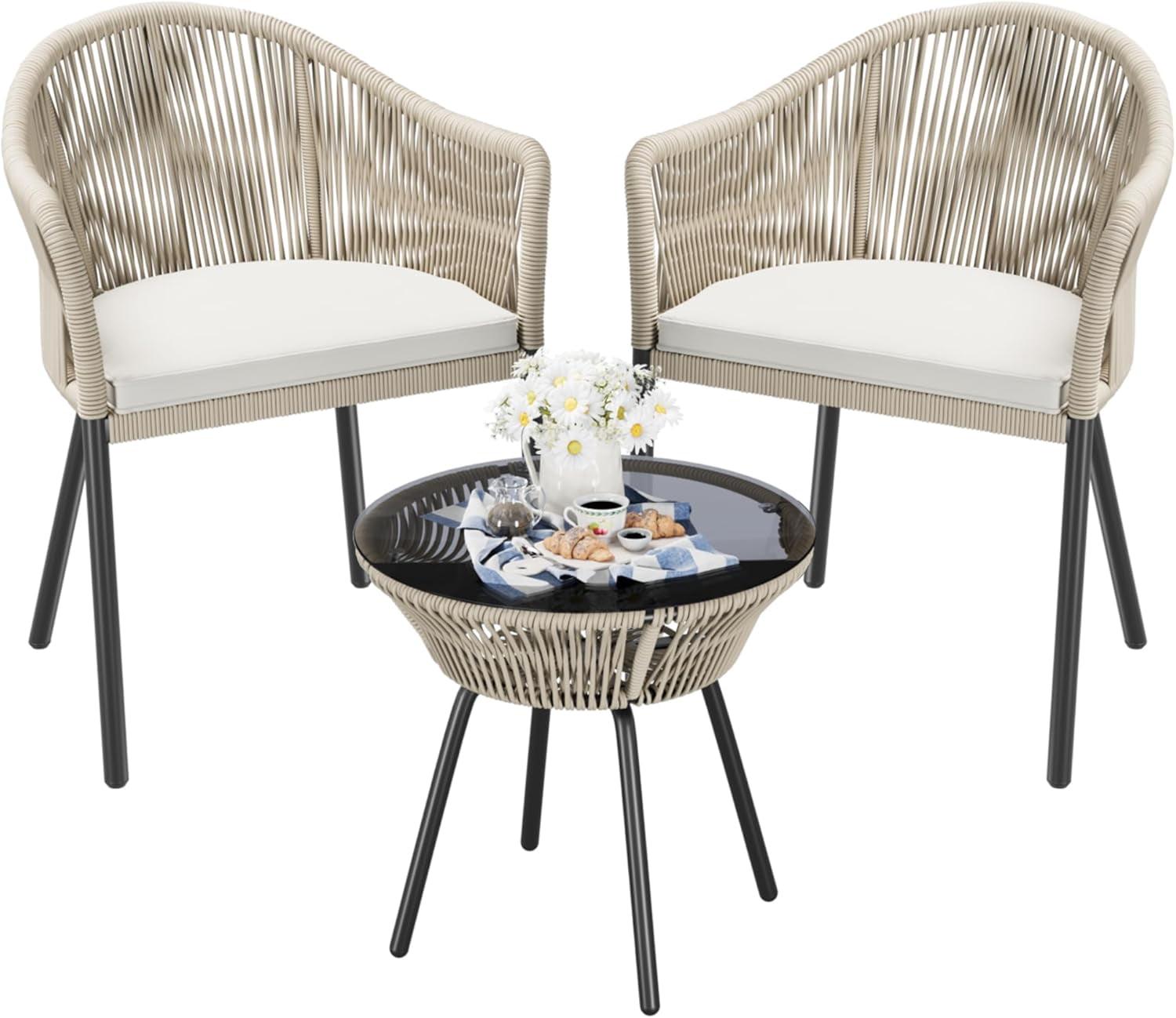 Beige Wicker Patio Chairs with Black Metal Legs and Cushions