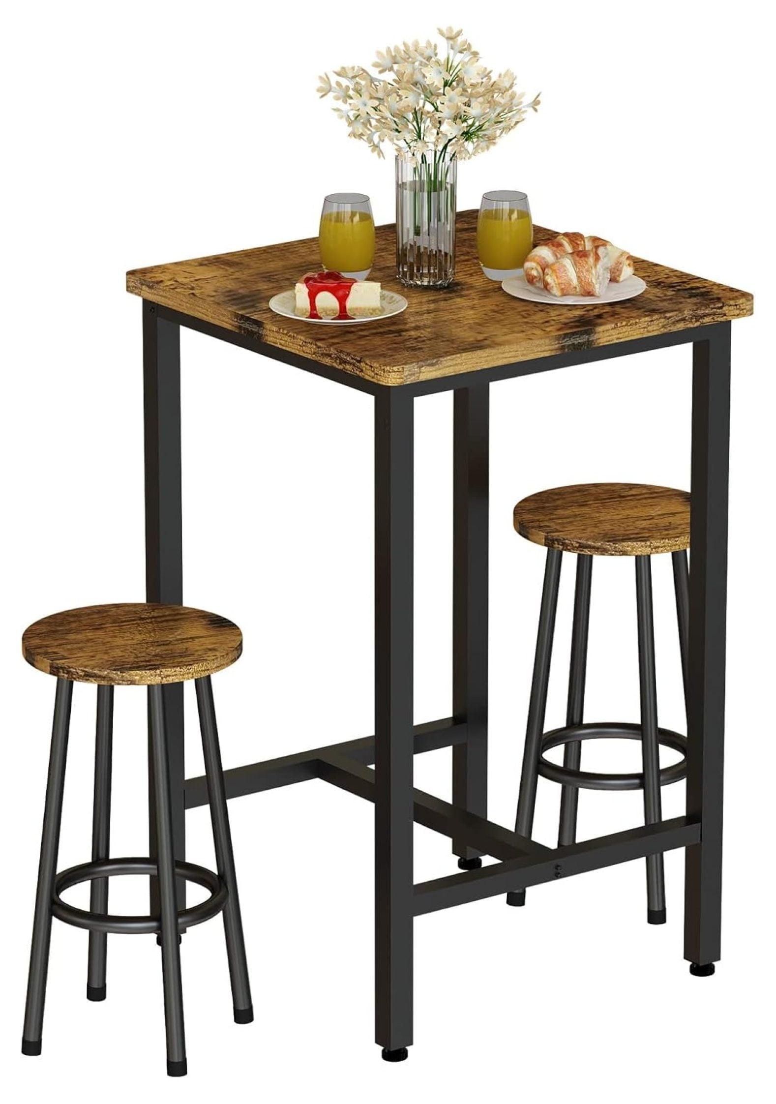 3 Piece Pub Dining Set, Modern bar Table and Stools for 2 Kitchen Counter Height Wood Top Bistro Easy Assemble for Breakfast Nook Living Room Small Space Restaurant, Rustic Brown 24”