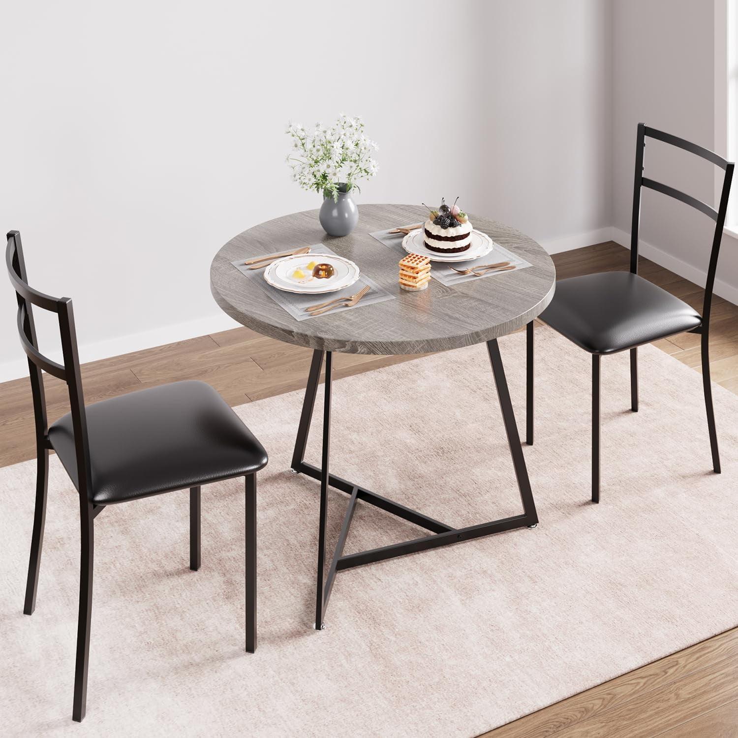 Gray Round Marble Dining Table Set with Black Metal Chairs