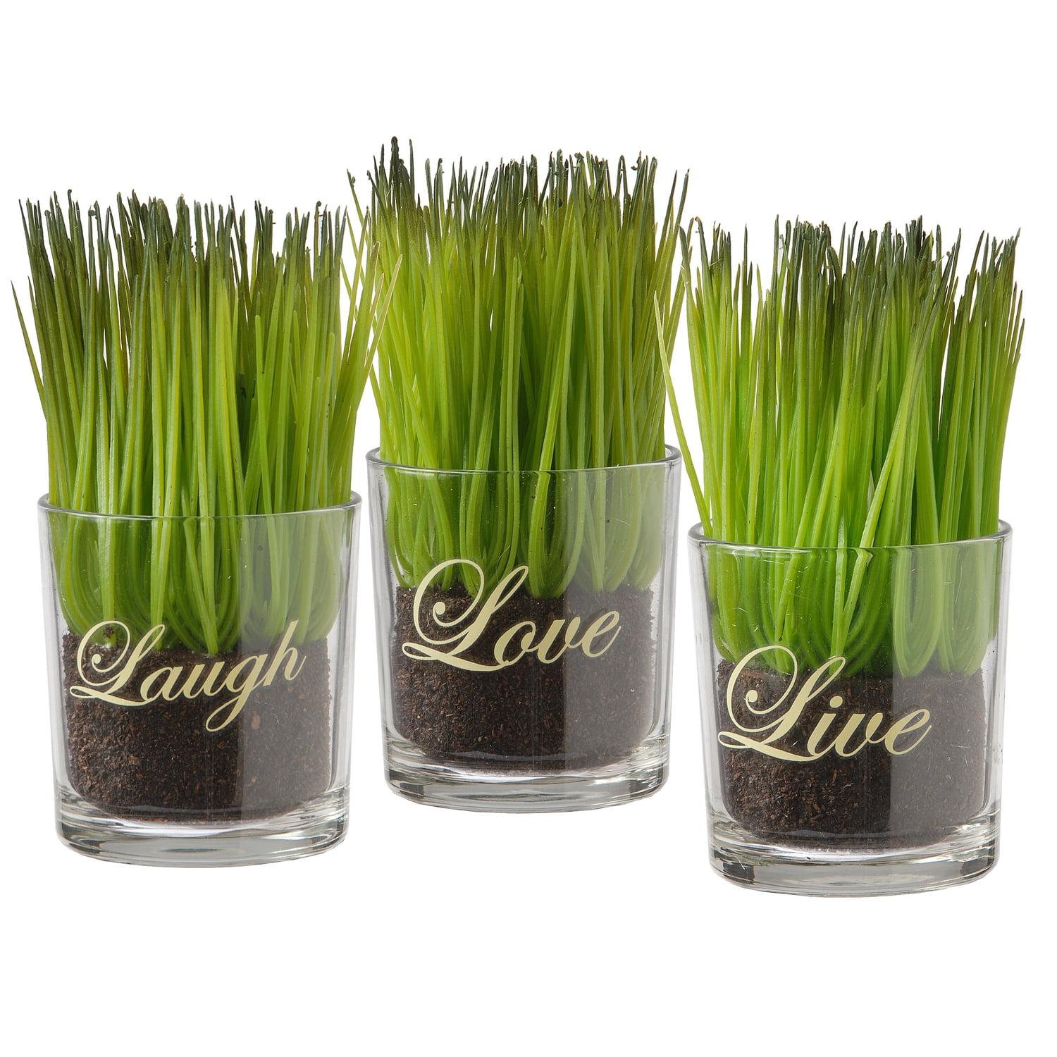 Live, Laugh, Love 11.75" Green Faux Plant Trio in Square Glass