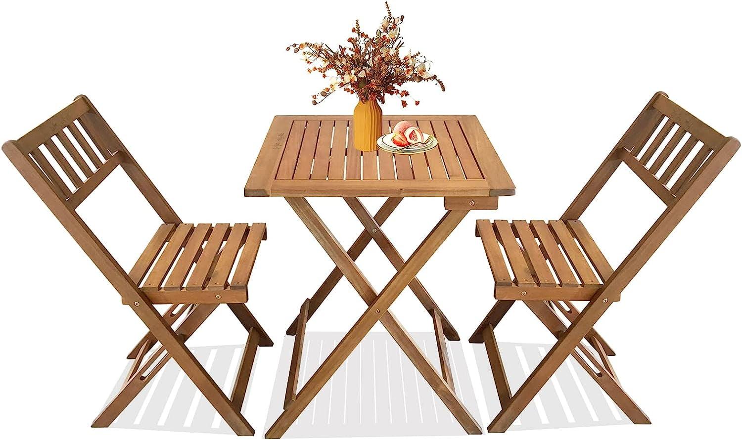 FDW Outdoor Bistro Set with 2 Chairs and Square Table for Pool Beach Backyard Balcony Porch Deck Garden Wooden Furniture, Natural